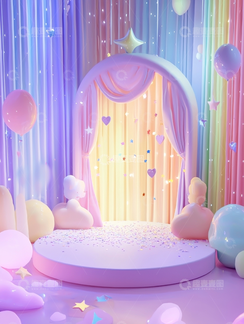 高清大图下载【趣麦麦图】梦幻彩虹舞台与心形装饰