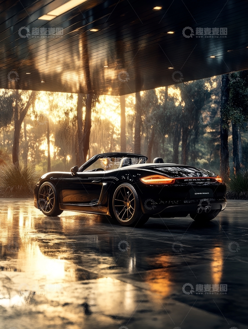高清大图下载【趣麦麦图】黑色敞篷跑车停在林间湿地上