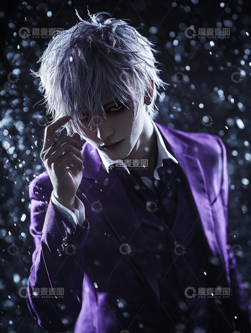 紫衣人物雨中沉思