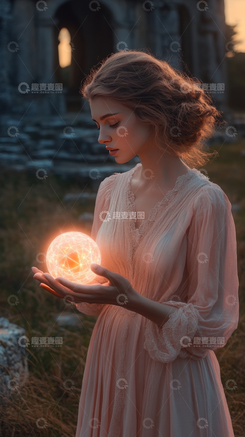 高清大图下载【趣麦麦图】女子手捧发光球体，背景为古建筑遗址