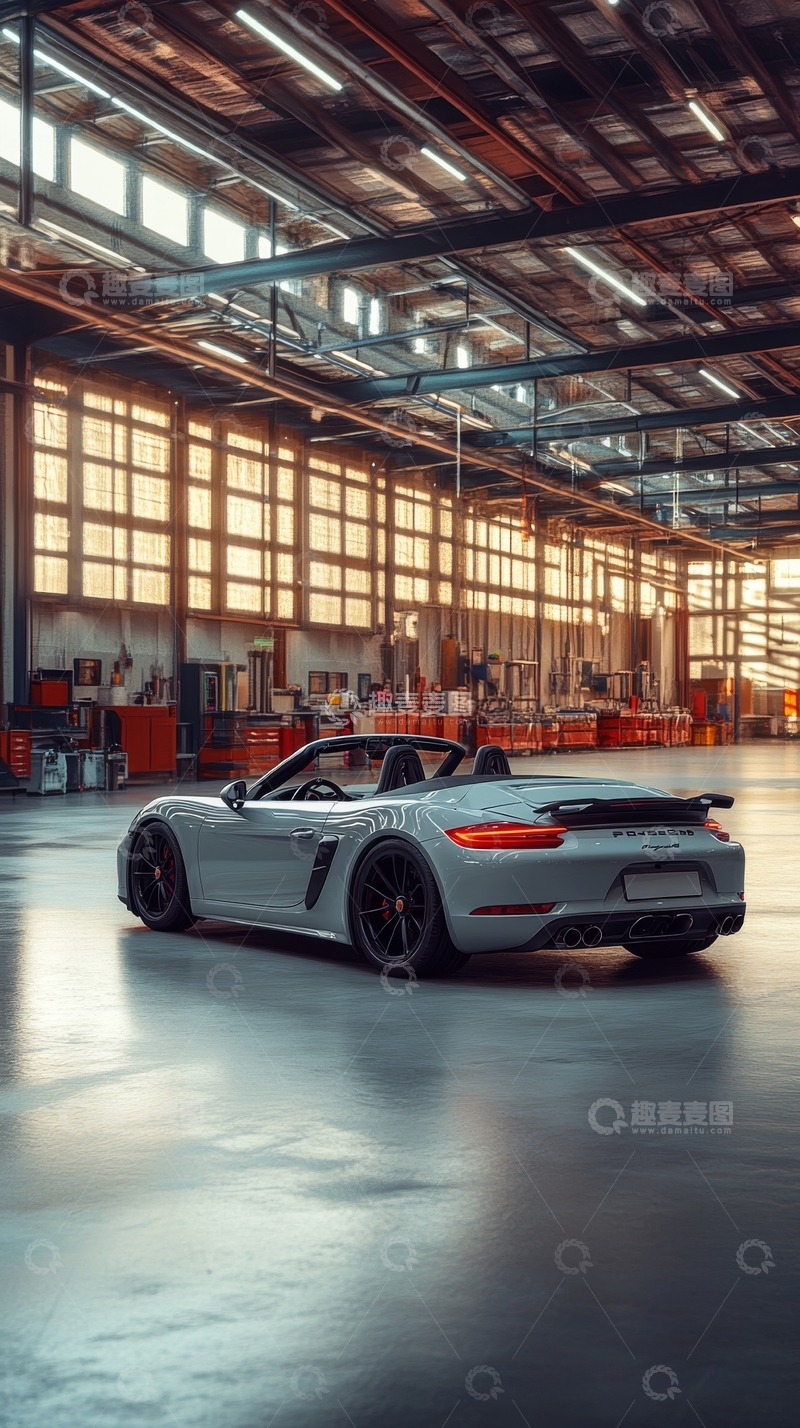 高清大图下载【趣麦麦图】银色跑车停在宽敞工业厂房内