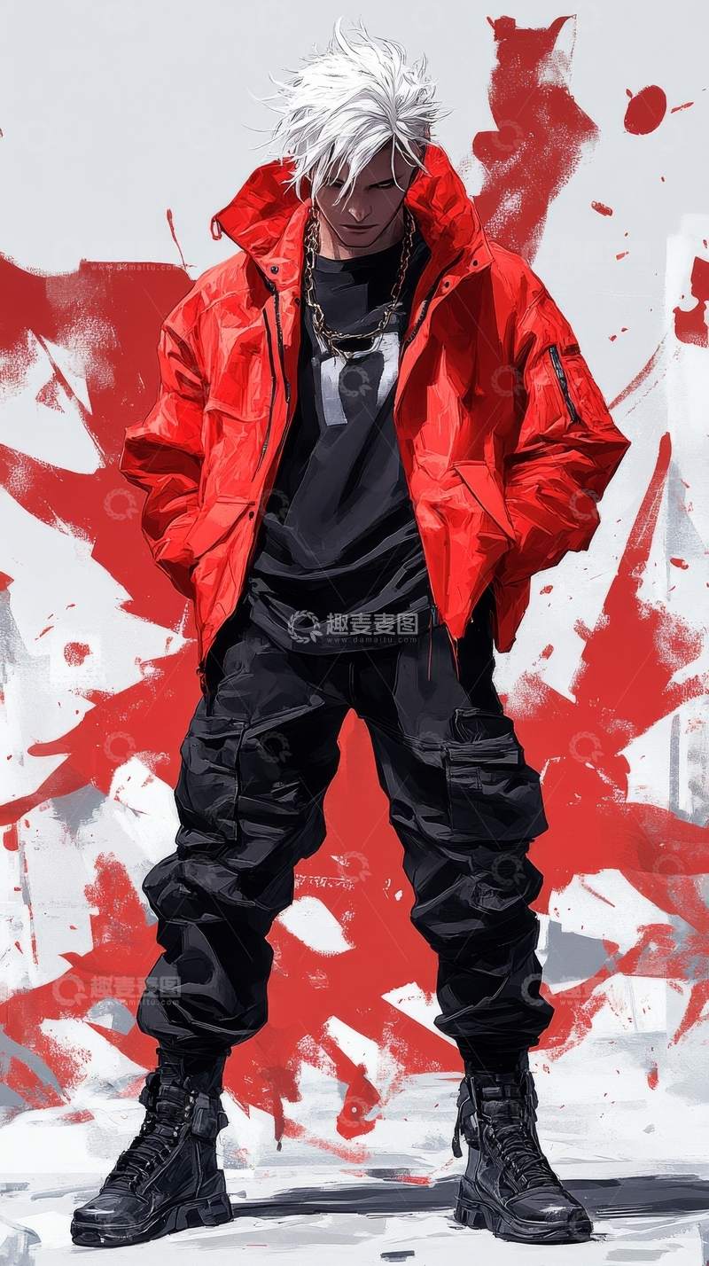 高清大图下载【趣麦麦图】红衣人物站立于抽象背景前