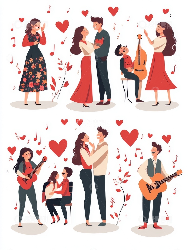 高清大图下载【趣麦麦图】浪漫情侣与音乐场景插画