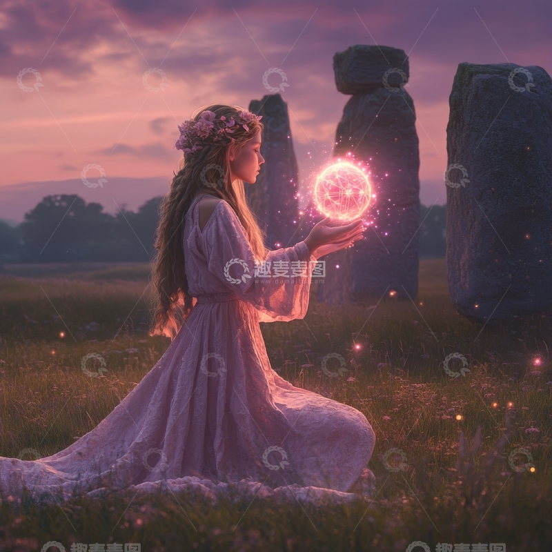 高清大图下载【趣麦麦图】少女在石阵中手捧发光球