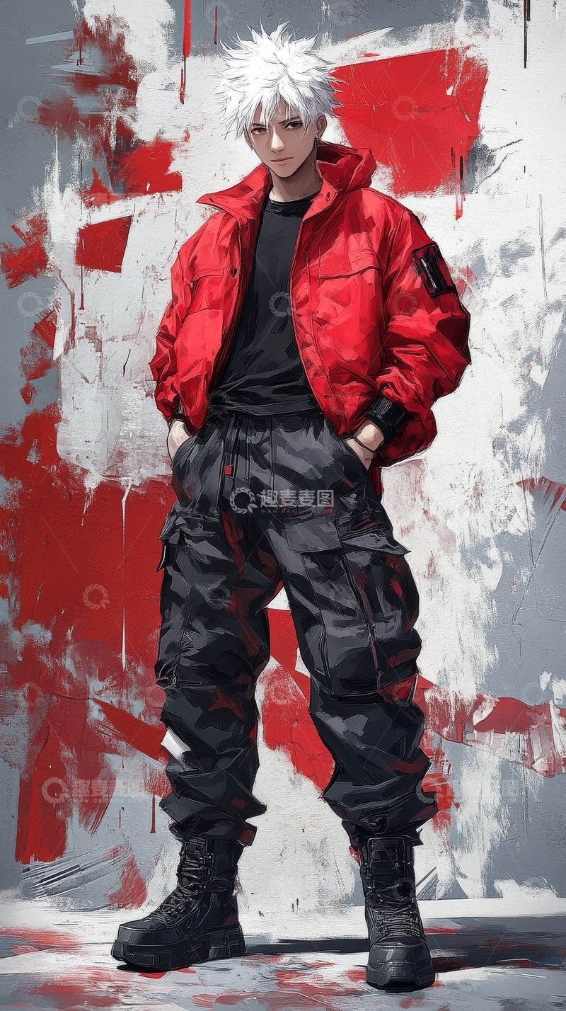 高清大图下载【趣麦麦图】红衣白发青年站立街头