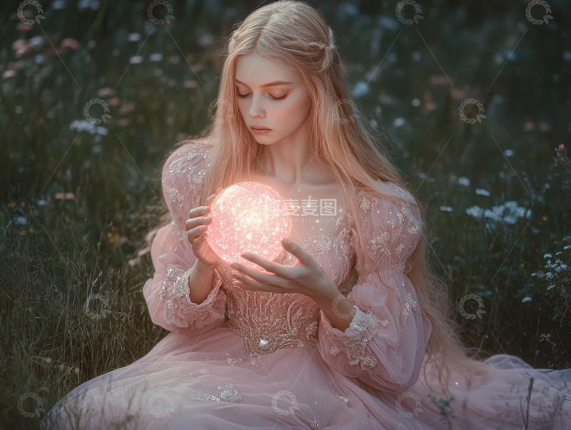 高清大图下载【趣麦麦图】少女手持发光球体，置身梦幻森林