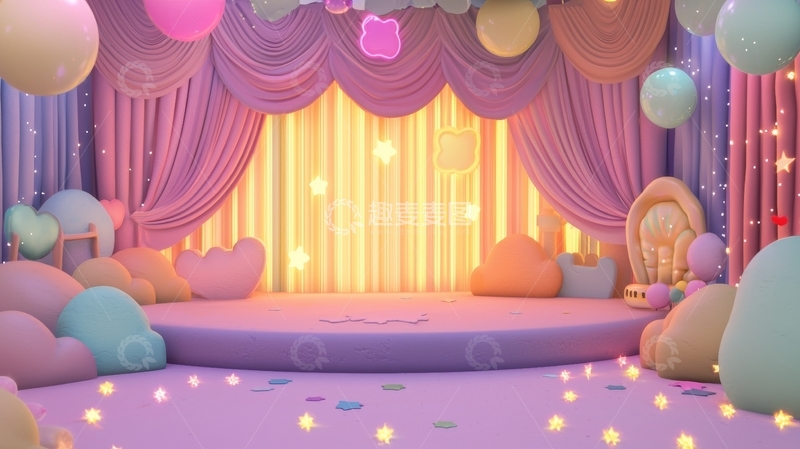 高清大图下载【趣麦麦图】梦幻舞台布景，温馨灯光与云朵装饰
