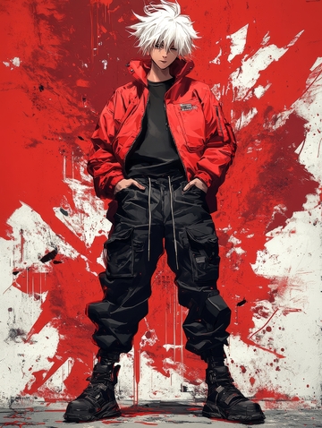 红衣少年站立街头涂鸦背景