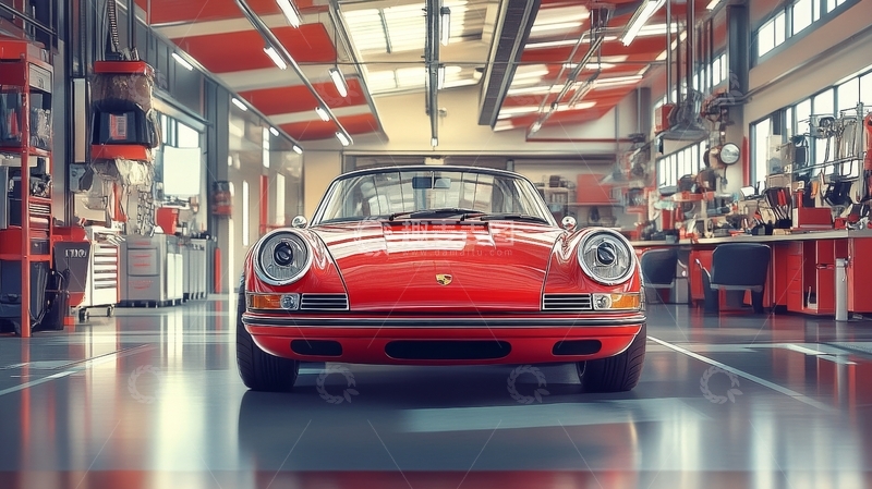 高清大图下载【趣麦麦图】红色经典跑车在现代化车间内