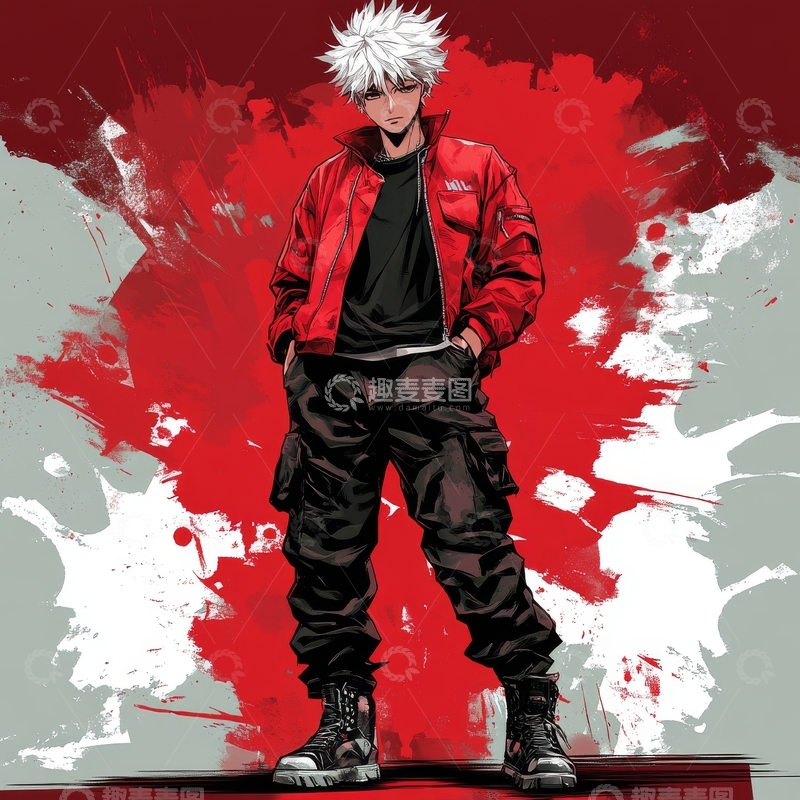 高清大图下载【趣麦麦图】红衣青年站立于抽象背景前