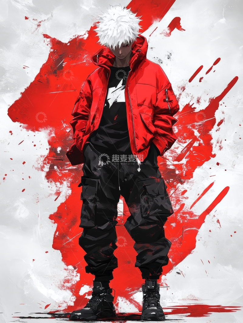 高清大图下载【趣麦麦图】红衣人物站立于抽象背景前