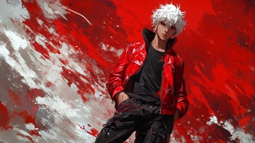 红衣青年在抽象背景前