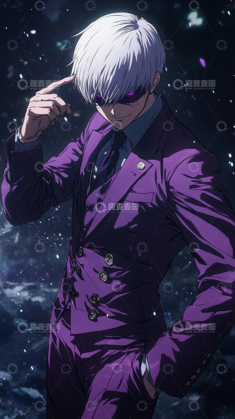 银发紫衣人物的自信姿态