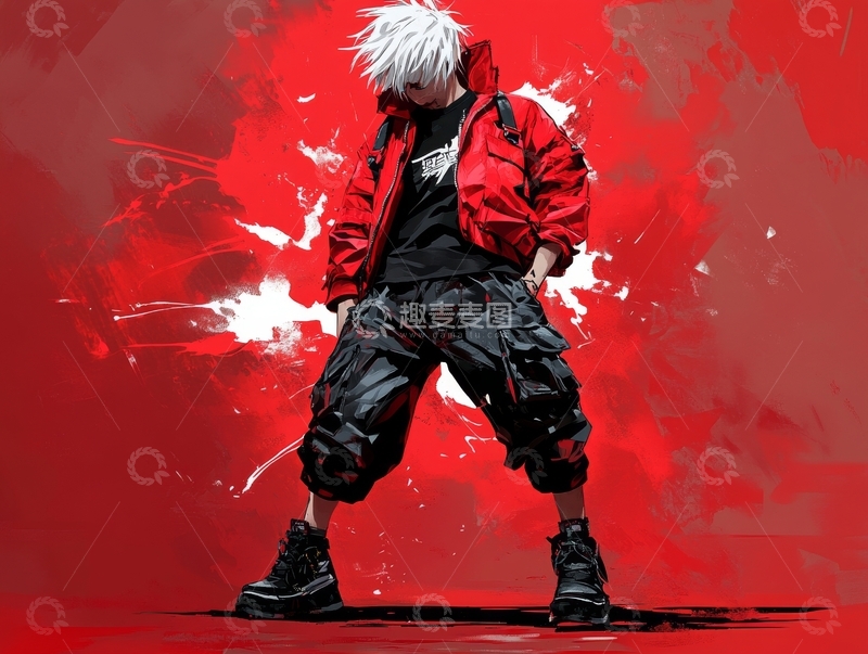 高清大图下载【趣麦麦图】红色背景下的街头风格人物