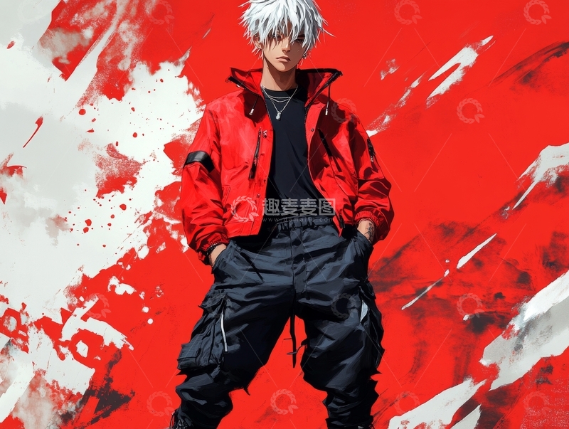 高清大图下载【趣麦麦图】红衣白发青年的街头艺术风格