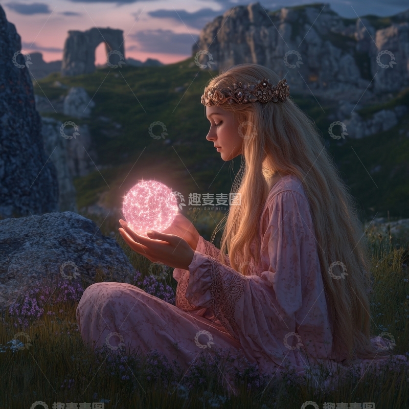 高清大图下载【趣麦麦图】女子手捧发光球，山间静谧场景