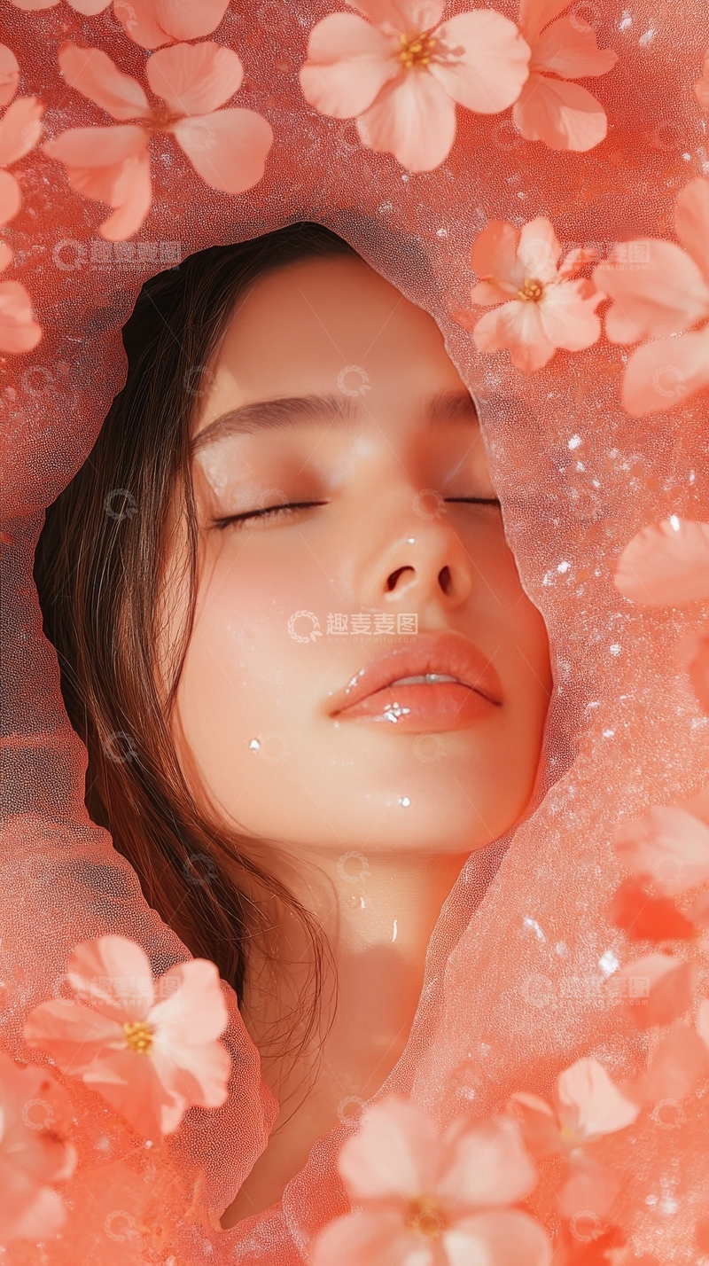 高清大图下载【趣麦麦图】闭眼女子沉浸粉色花瓣泡沫中