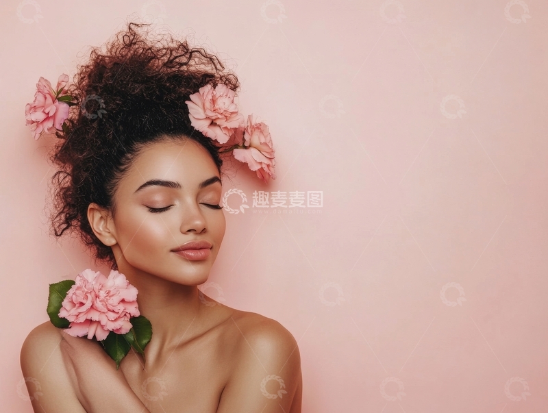 高清大图下载【趣麦麦图】花饰美人，粉色背景