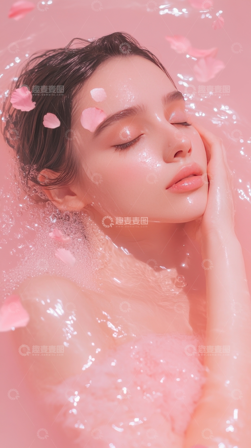 高清大图下载【趣麦麦图】粉色浴缸中的女子