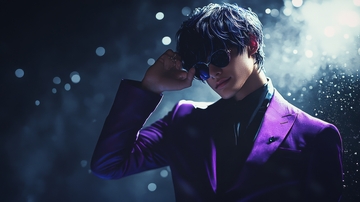 紫色西装男子调整墨镜