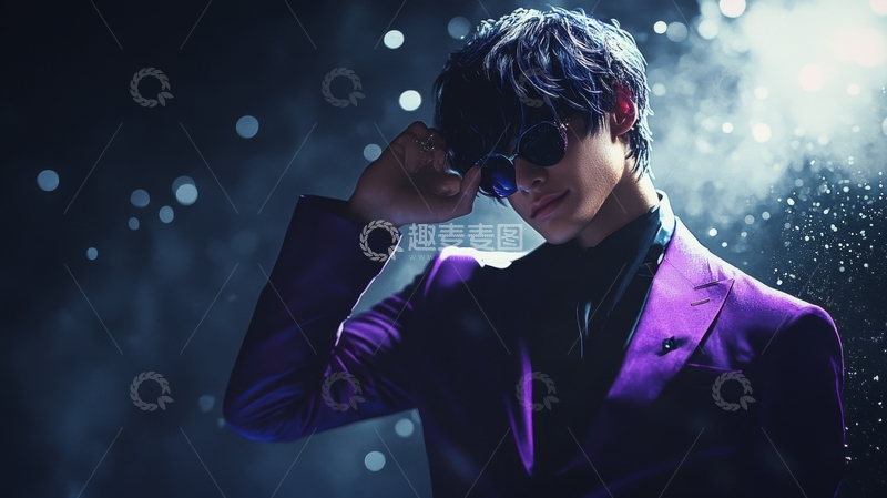 高清大图下载【趣麦麦图】紫色西装男子调整墨镜