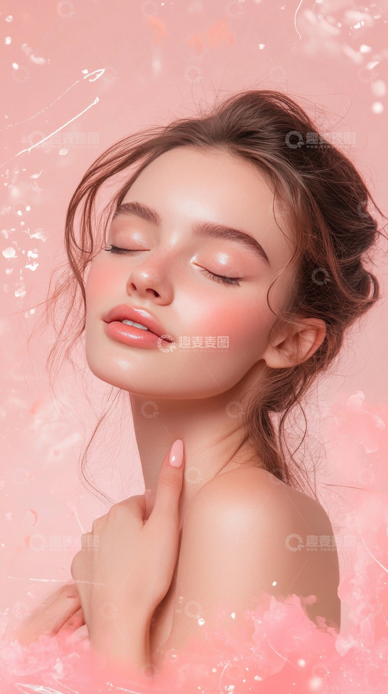 高清大图下载【趣麦麦图】粉色背景下的优雅女性肖像