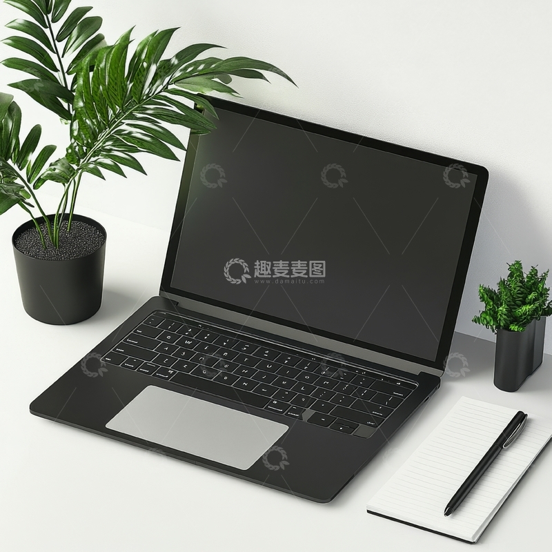 高清大图下载【趣麦麦图】简洁办公桌面，笔记本与绿植相伴