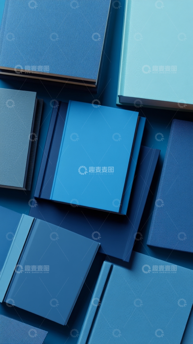 高清大图下载【趣麦麦图】蓝色书本堆叠的艺术排列