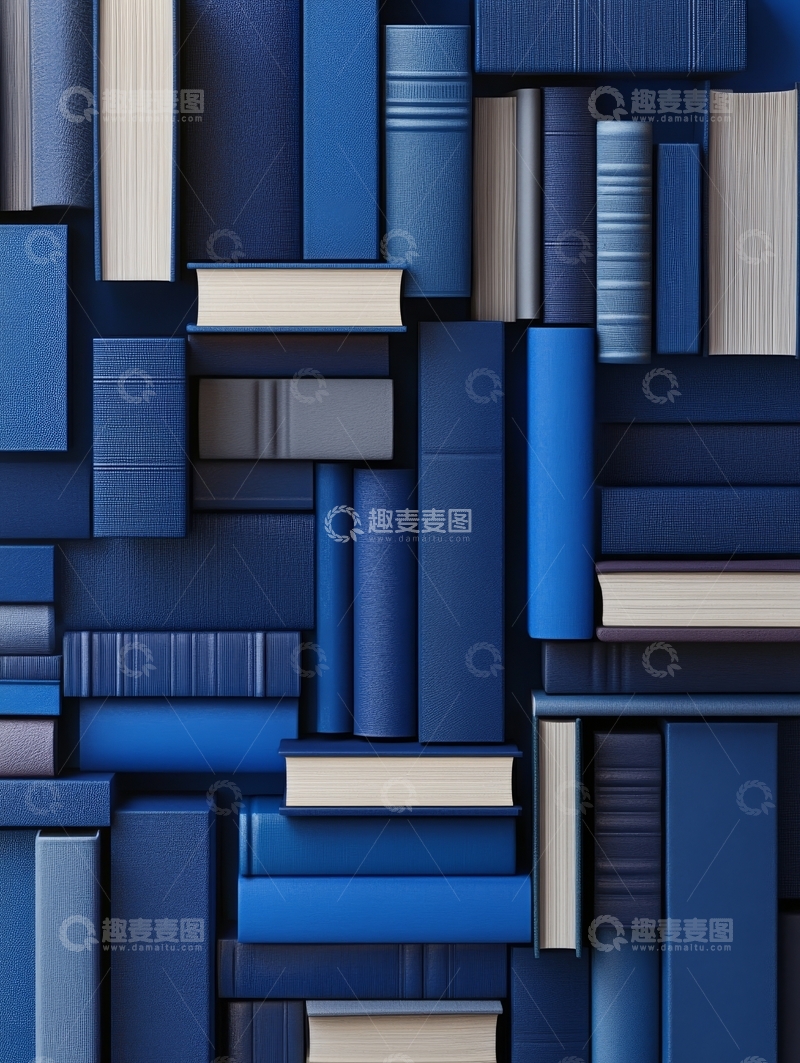 高清大图下载【趣麦麦图】蓝色书本堆叠的艺术构图