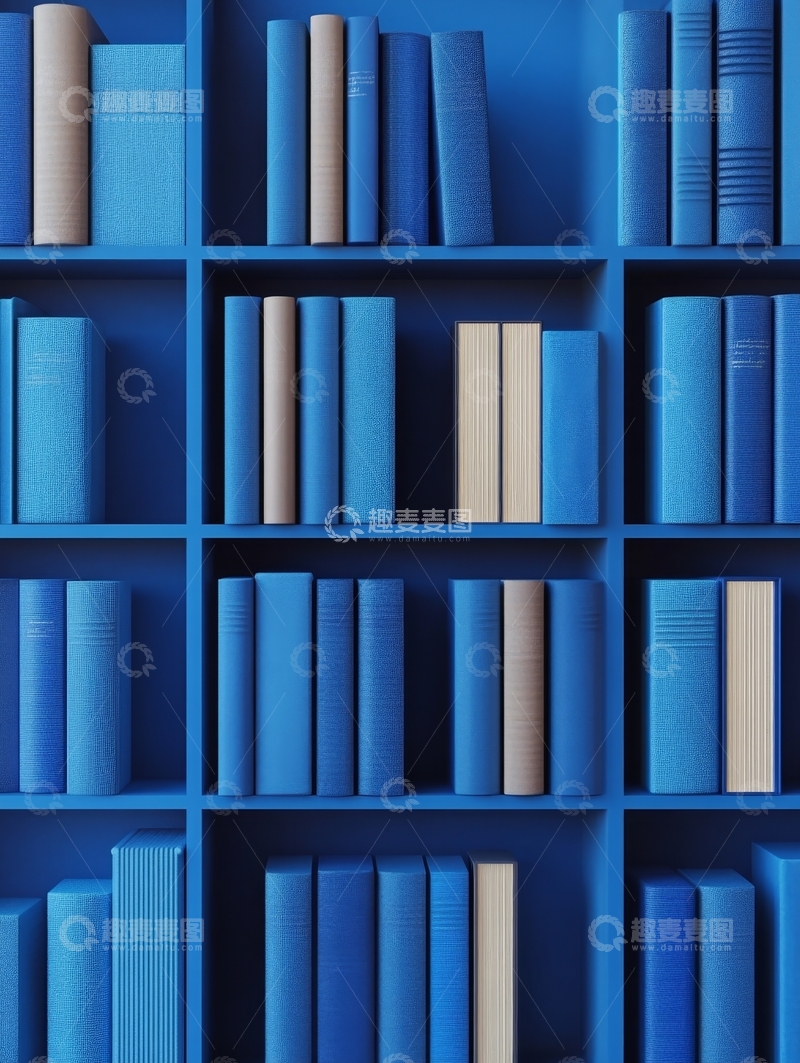 高清大图下载【趣麦麦图】蓝色书架上的整齐排列书籍