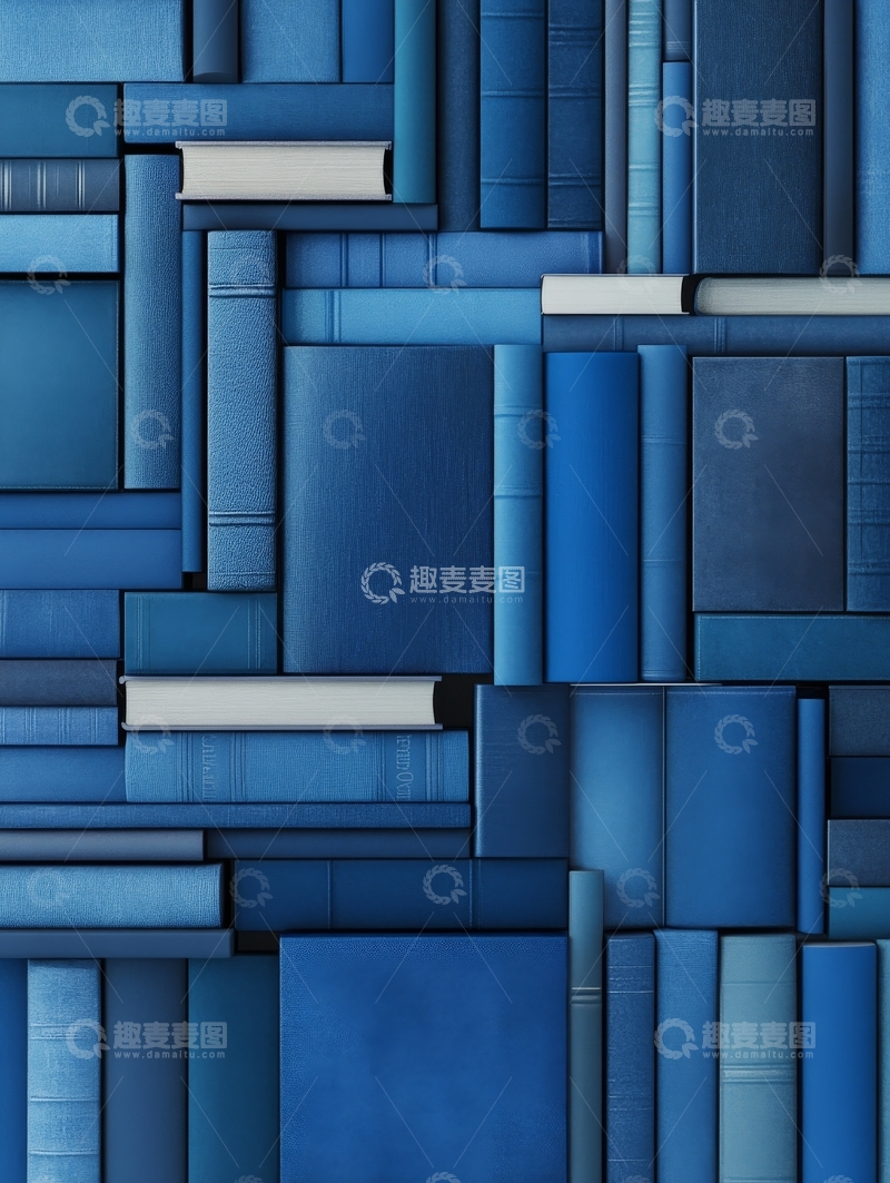 高清大图下载【趣麦麦图】蓝色书本堆叠的艺术排列