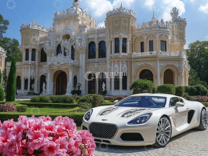 高清大图下载【趣麦麦图】豪华跑车停在宏伟宫殿前