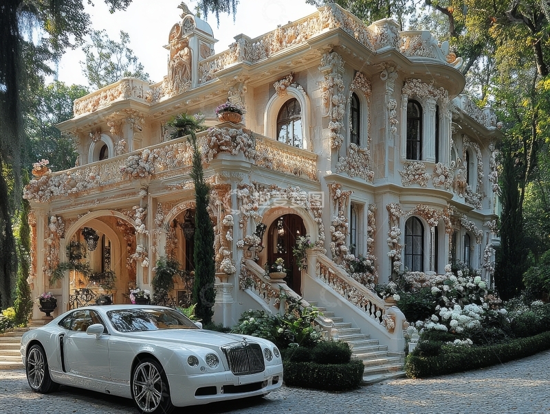 高清大图下载【趣麦麦图】豪华别墅前停着白色轿车