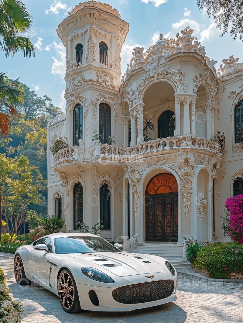 高清大图下载【趣麦麦图】豪华跑车停在精致宫殿前
