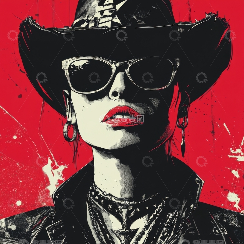 高清大图下载【趣麦麦图】戴墨镜牛仔帽的女性肖像