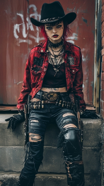 街头酷炫的红衣牛仔女孩