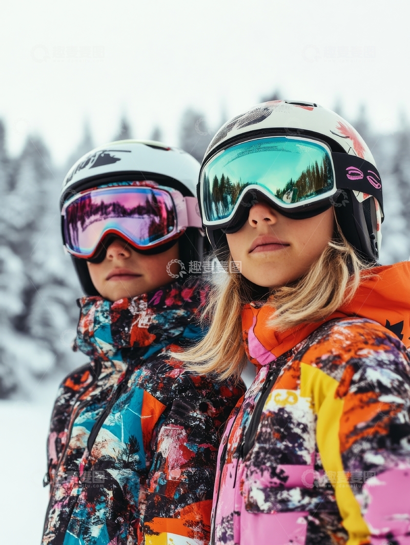 高清大图下载【趣麦麦图】雪地中的两位滑雪者