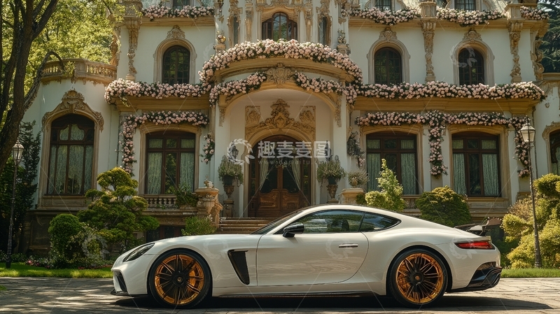 高清大图下载【趣麦麦图】白色跑车停在华丽建筑前