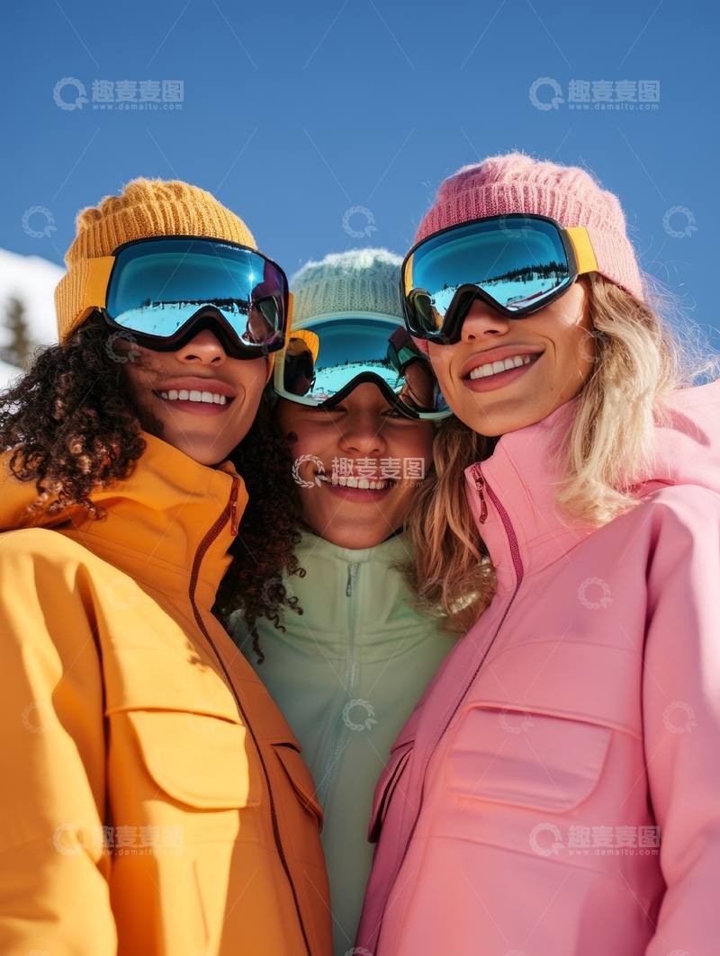 三位女性在雪地穿着滑雪服合影