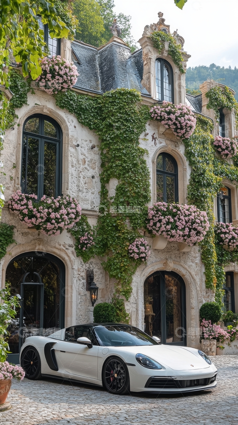 高清大图下载【趣麦麦图】豪华跑车停在古典建筑前