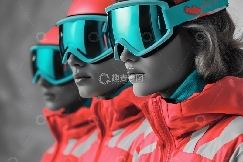 高清大图下载【趣麦麦图】滑雪者身着鲜艳装备，佩戴护目镜