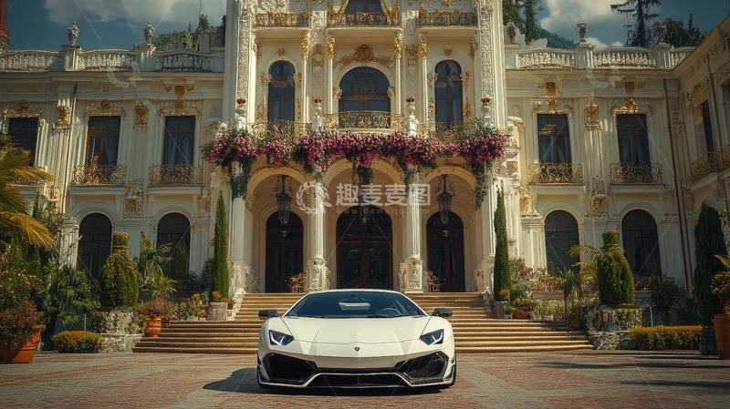 高清大图下载【趣麦麦图】豪华跑车停在宏伟宫殿前