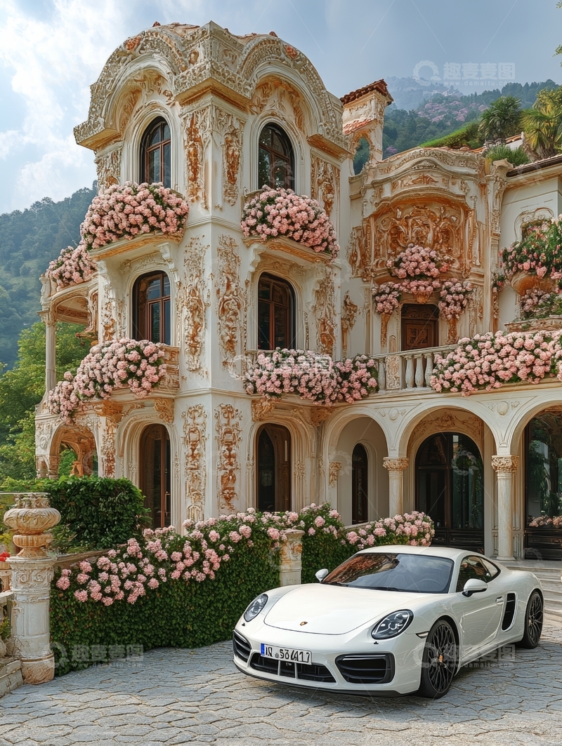高清大图下载【趣麦麦图】豪华别墅前停着白色跑车