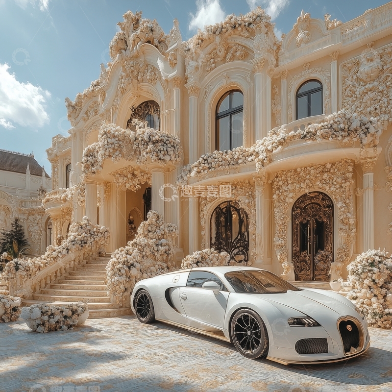高清大图下载【趣麦麦图】豪华跑车停在精致宫殿前