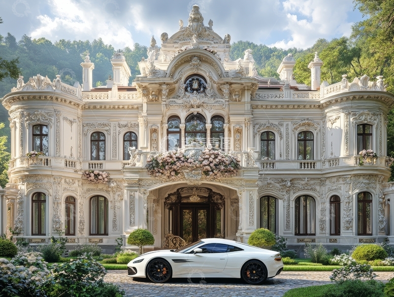 高清大图下载【趣麦麦图】豪华宫殿前停着白色跑车