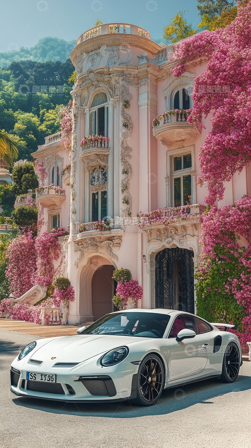 高清大图下载【趣麦麦图】豪华跑车停在粉色建筑前