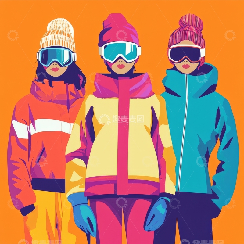 高清大图下载【趣麦麦图】三位穿着滑雪服的女性