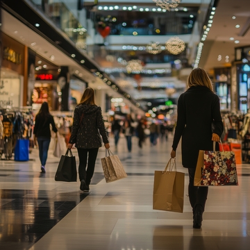 商场内两位女性手提购物袋行走