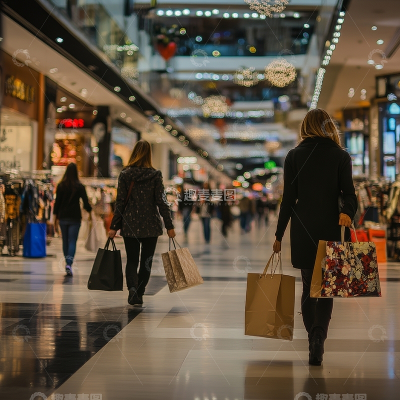高清大图下载【趣麦麦图】商场内两位女性手提购物袋行走