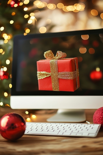 圣诞礼物置于电脑前的温馨场景